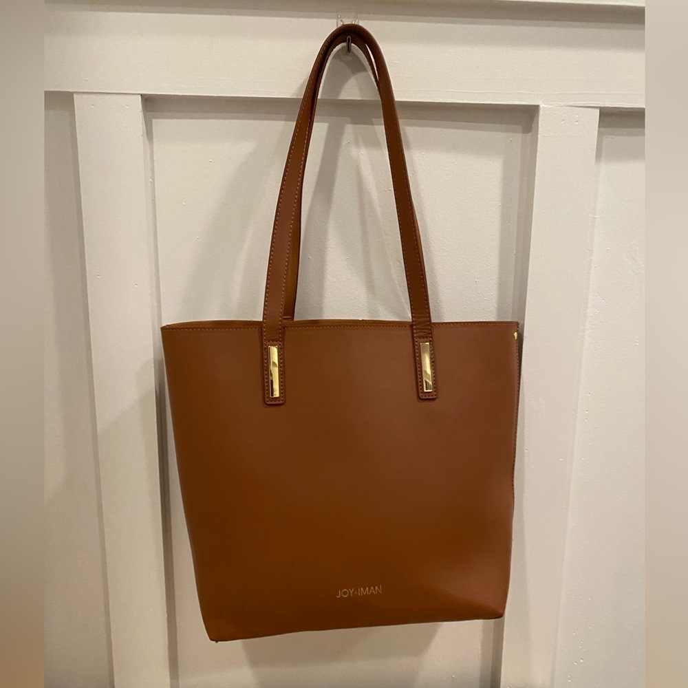 Joy & Iman brown leather tote bag with gold tone hardware
